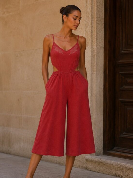 Roxy Pants - Roxy Red Wide Leg Jumpsuit S Cutout Waist Sleeveless Rayon Summer Resort